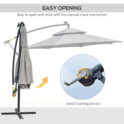 3(m) Cantilever Banana Parasol Hanging Umbrella with Double Roof, LED Solar lights, Crank