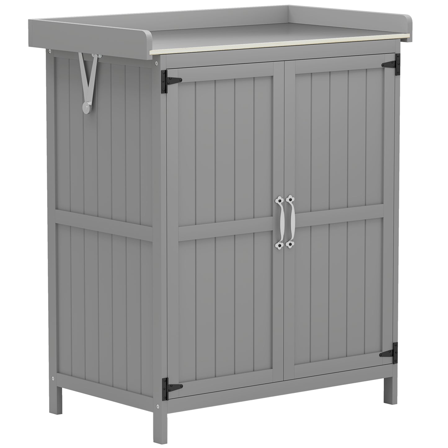 Wooden Garden Shed, Garden Tool Storage Shed with Hinged Roof and Shelf, Outdoor Storage Cabinet with Double Doors, Grey