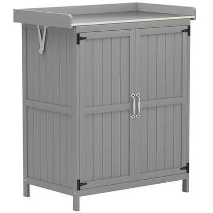 Wooden Garden Shed, Garden Tool Storage Shed with Hinged Roof and Shelf, Outdoor Storage Cabinet with Double Doors, Grey