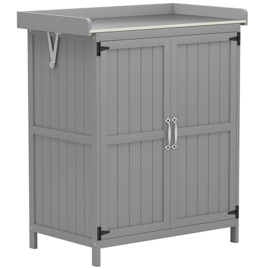 Wooden Garden Shed, Garden Tool Storage Shed with Hinged Roof and Shelf, Outdoor Storage Cabinet with Double Doors, Grey