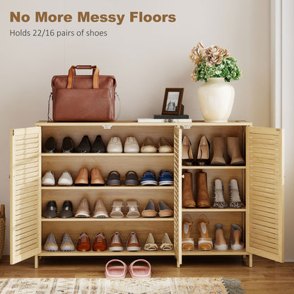 Bamboo Shoe Cabinet with Louvered Doors, 18 Pairs Shoe Storage Cabinet with Adjustable Shelves for Hallway, Natural