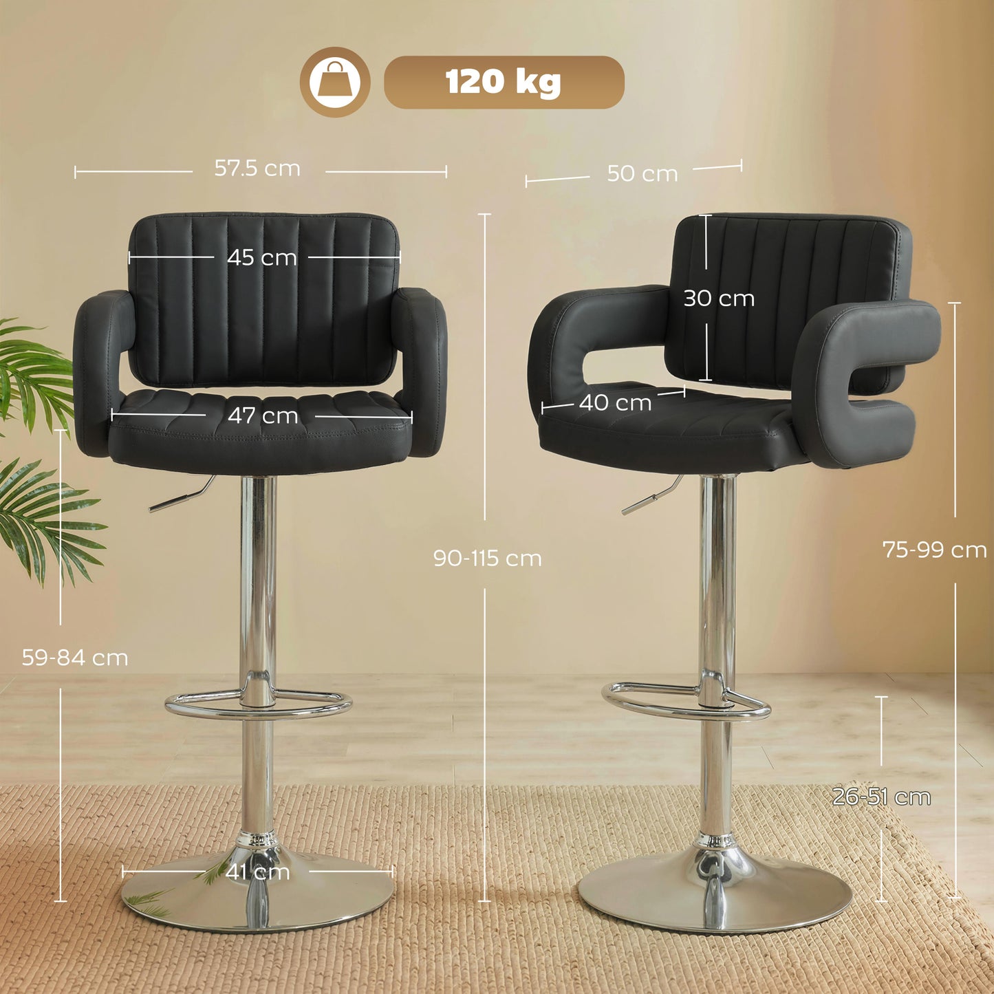 Bar Stools Adjustable Swivel Kitchen Chairs with Backrest Armrest Set of 2 PU Leather Black