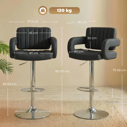 Bar Stools Adjustable Swivel Kitchen Chairs with Backrest Armrest Set of 2 PU Leather Black