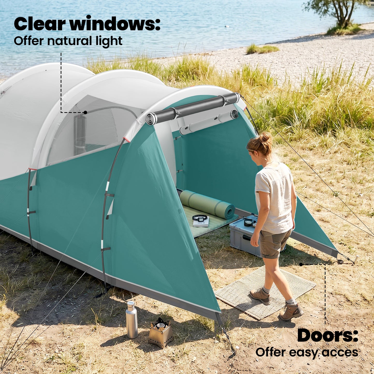 Three-Man, 3000mm Water-Resistant Two-Room Tunnel Tent - Green