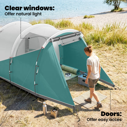 Three-Man, 3000mm Water-Resistant Two-Room Tunnel Tent - Green