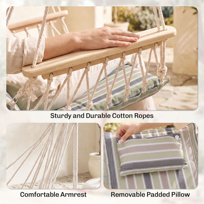 Garden Outdoor Hanging Hammock Chair Thick Rope Frame Wooden Arms Safe Garden Outdoor Spot Stylish Multicoloured stripes