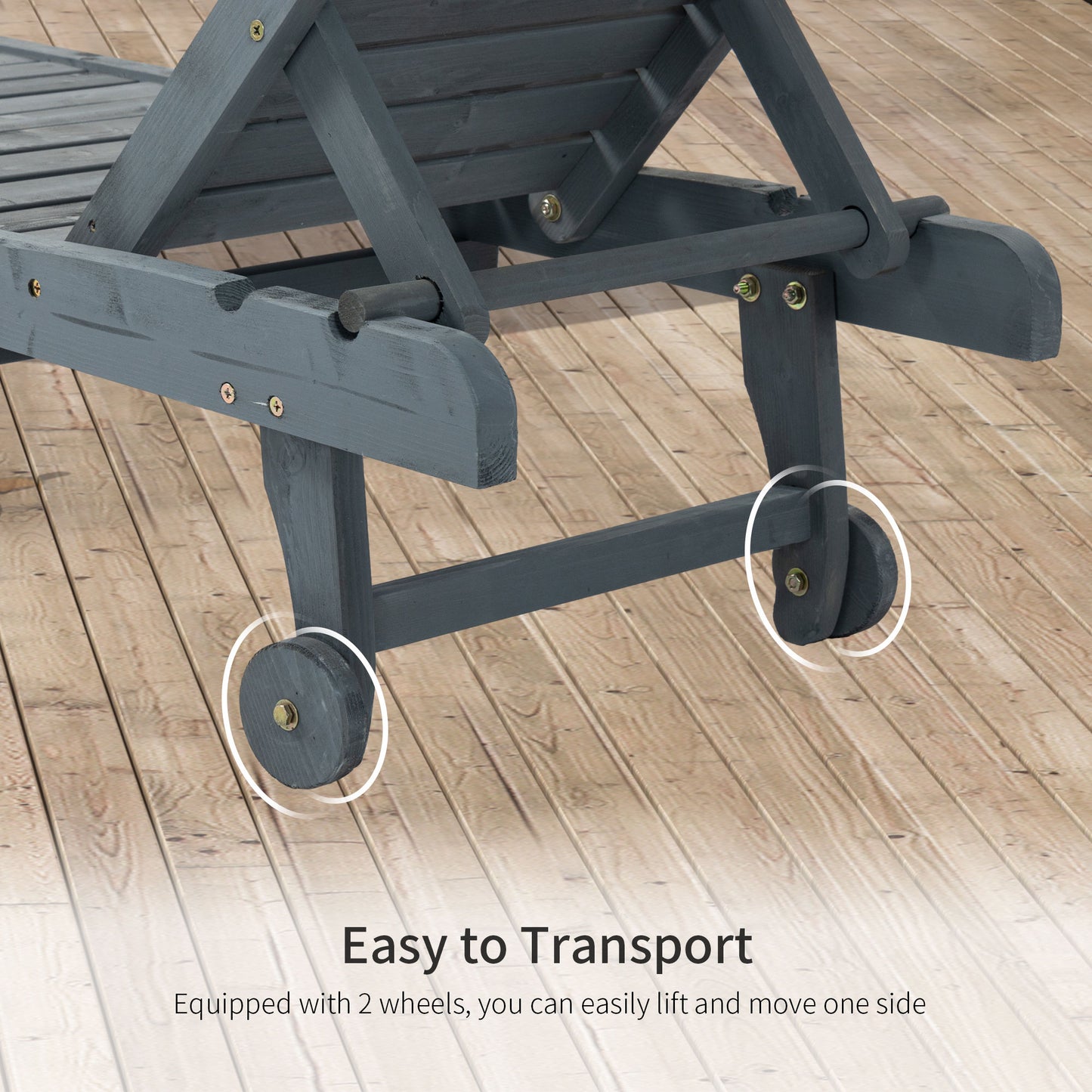 Garden Patio Sun Lounger, Outdoor Wooden Sun Bed with Built-In Table, Reclining Backrest and Rolling Wheels for Sunbathing