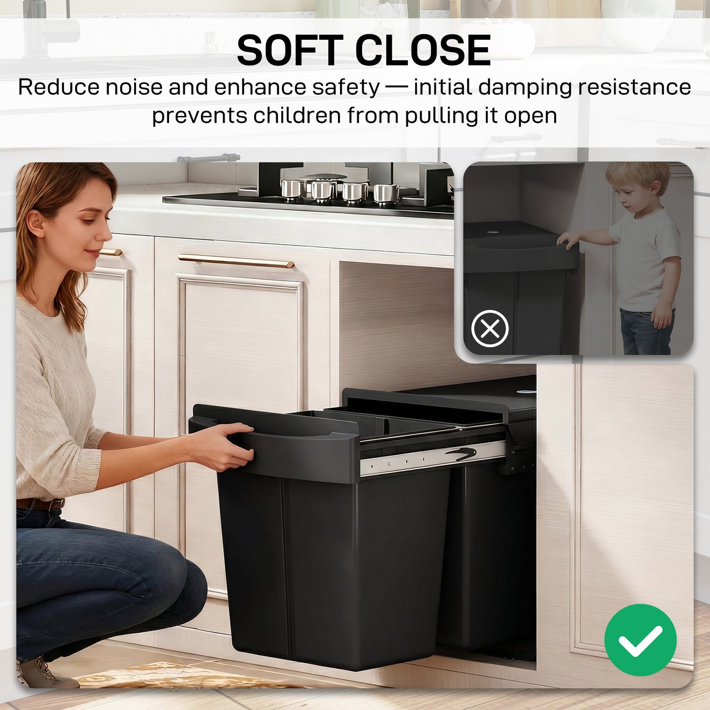 Pull Out Bin, Kitchen Under Sink Bin with 2 Removable Compartments, Smooth Glide, Black
