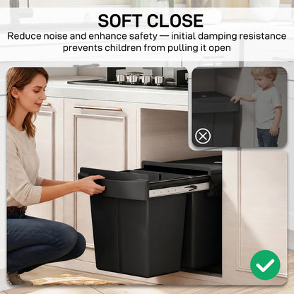 Pull Out Bin, Kitchen Under Sink Bin with 2 Removable Compartments, Smooth Glide, Black