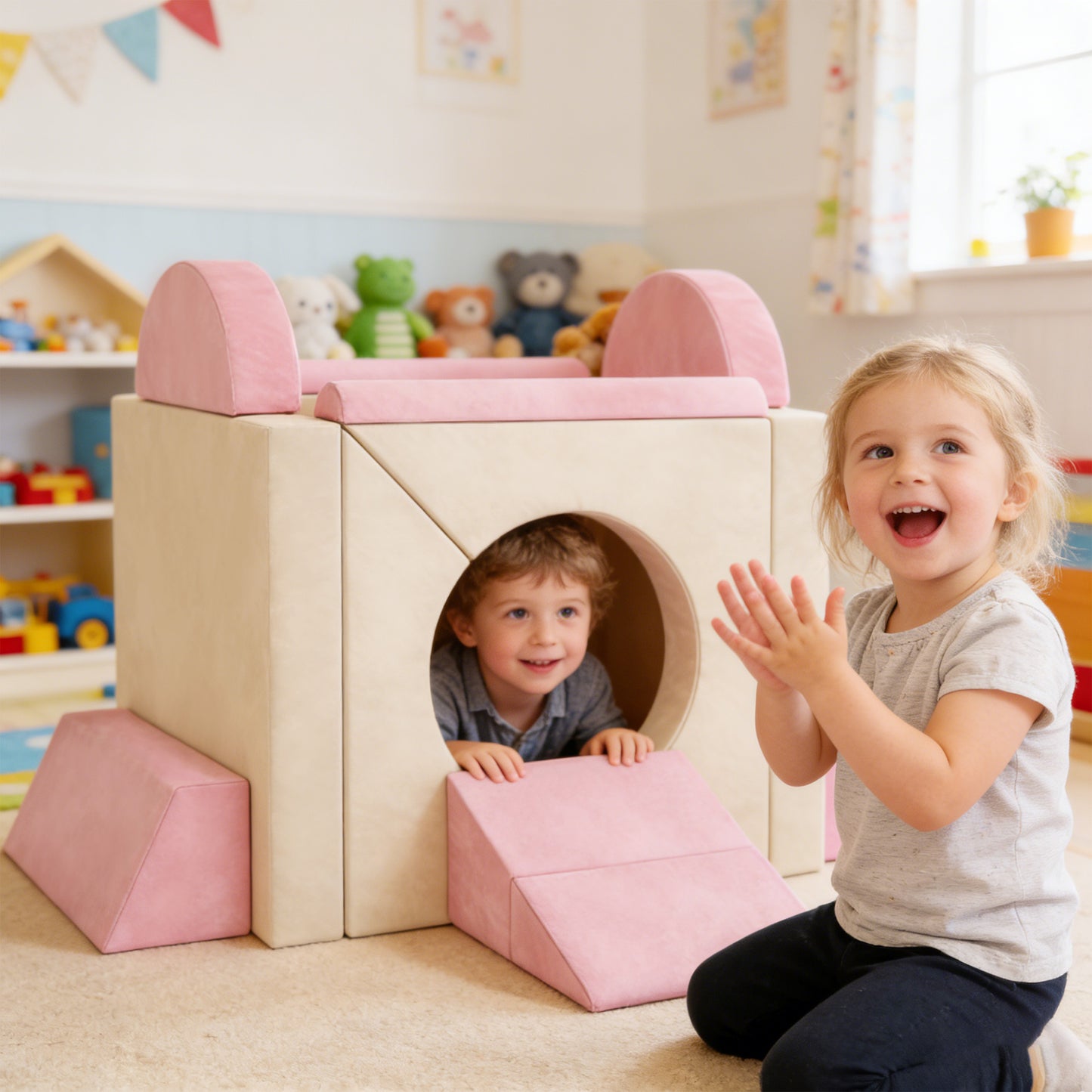 Kids Play Sofa, 12 Pieces Foam Modular Soft Play Set for Playroom, Children Convertible Sofa for Boys and Girls, Pink