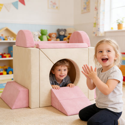 Kids Play Sofa, 12 Pieces Foam Modular Soft Play Set for Playroom, Children Convertible Sofa for Boys and Girls, Pink