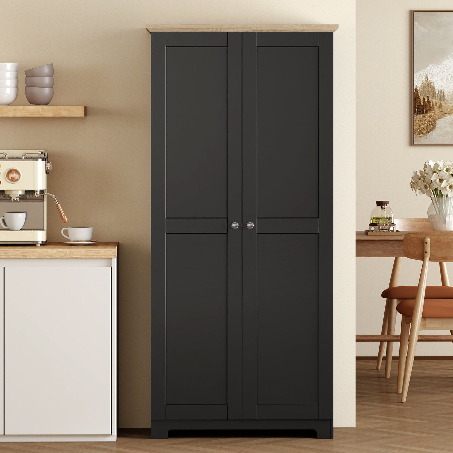 Kitchen Cupboard, 172cm Freestanding Storage Cabinet with Doors and Shelves, Black
