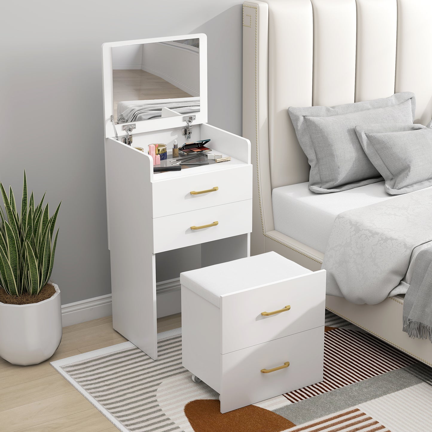Compact Dressing Table and Stool Set, with Storage - White