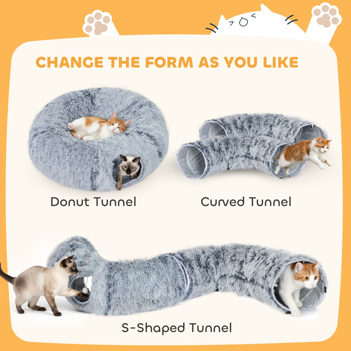 2-in-1 Donut Cat Tunnel with Washable Bed, Play Tunnel Bed with Toy Ball and Door Hole for Indoor Cats, Light Grey