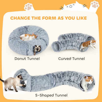 2-in-1 Donut Cat Tunnel with Washable Bed, Play Tunnel Bed with Toy Ball and Door Hole for Indoor Cats, Light Grey