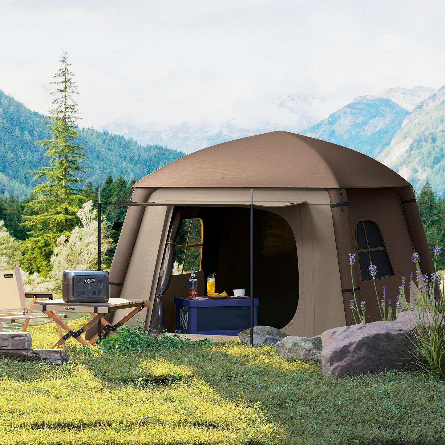 Blow Up Tent w/ Hand Pump, Inflatable Camping Tent, Easy Setup 1/2 Person Waterproof Khaki