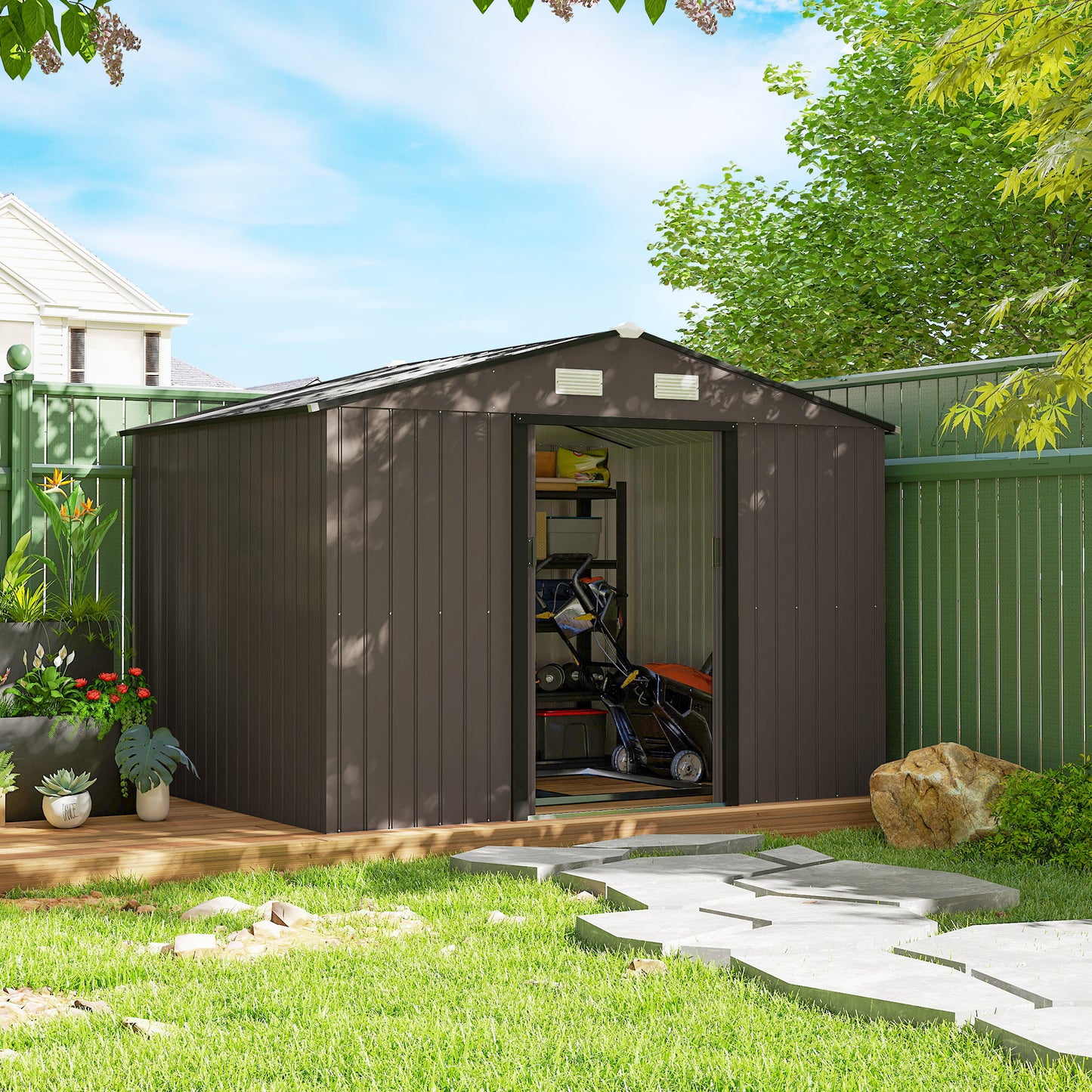 9 x 6ft Metal Garden Shed, Outdoor Storage Tool House with Ventilation Slots, Foundation Kit and Lockable Double Doors, Brown