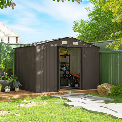 9 x 6ft Metal Garden Shed, Outdoor Storage Tool House with Ventilation Slots, Foundation Kit and Lockable Double Doors, Brown