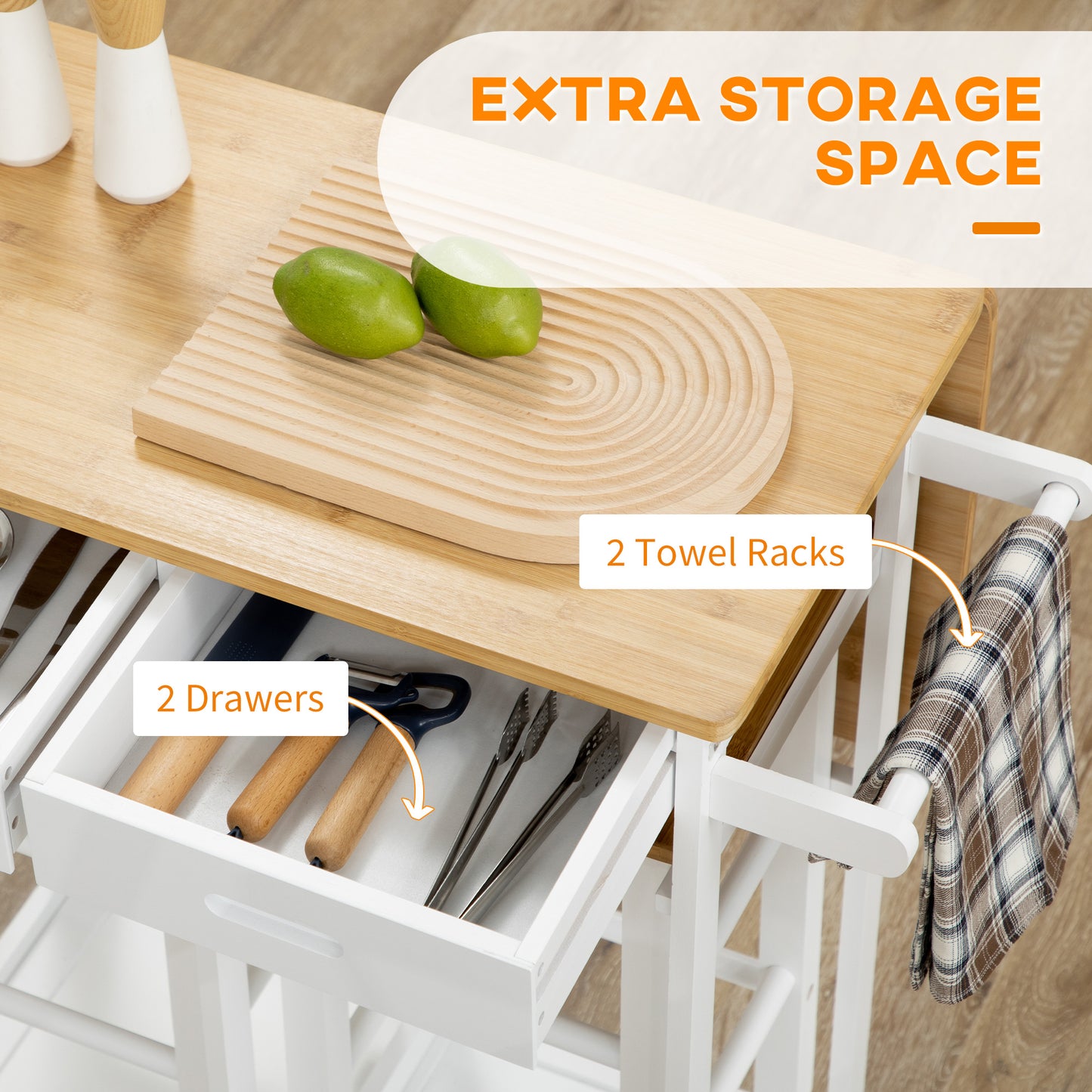 Kitchen Island Set with 2 Stools, Bamboo Breakfast Cart with Drop Leaf Top, Drawers and Towel Rack