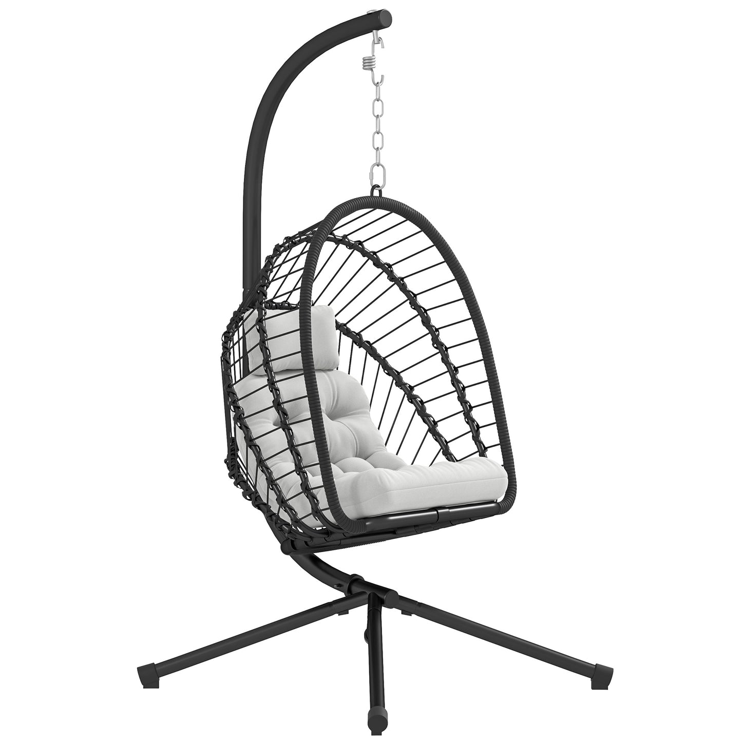 Outdoor PE Rattan Swing Chair with Foldable Basket and Cushion, Garden Patio Hanging Egg Chair with Metal Stand