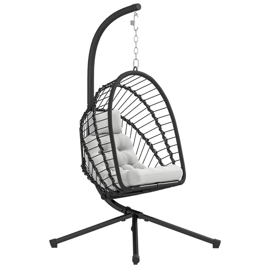 Outdoor PE Rattan Swing Chair with Foldable Basket and Cushion, Garden Patio Hanging Egg Chair with Metal Stand
