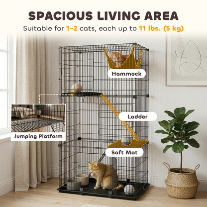3-Tier Large Cat Cage Indoor, Detachable Metal Wire Kennel with Hammock, Platforms, Tray and Cushions for 1-2 Kittens