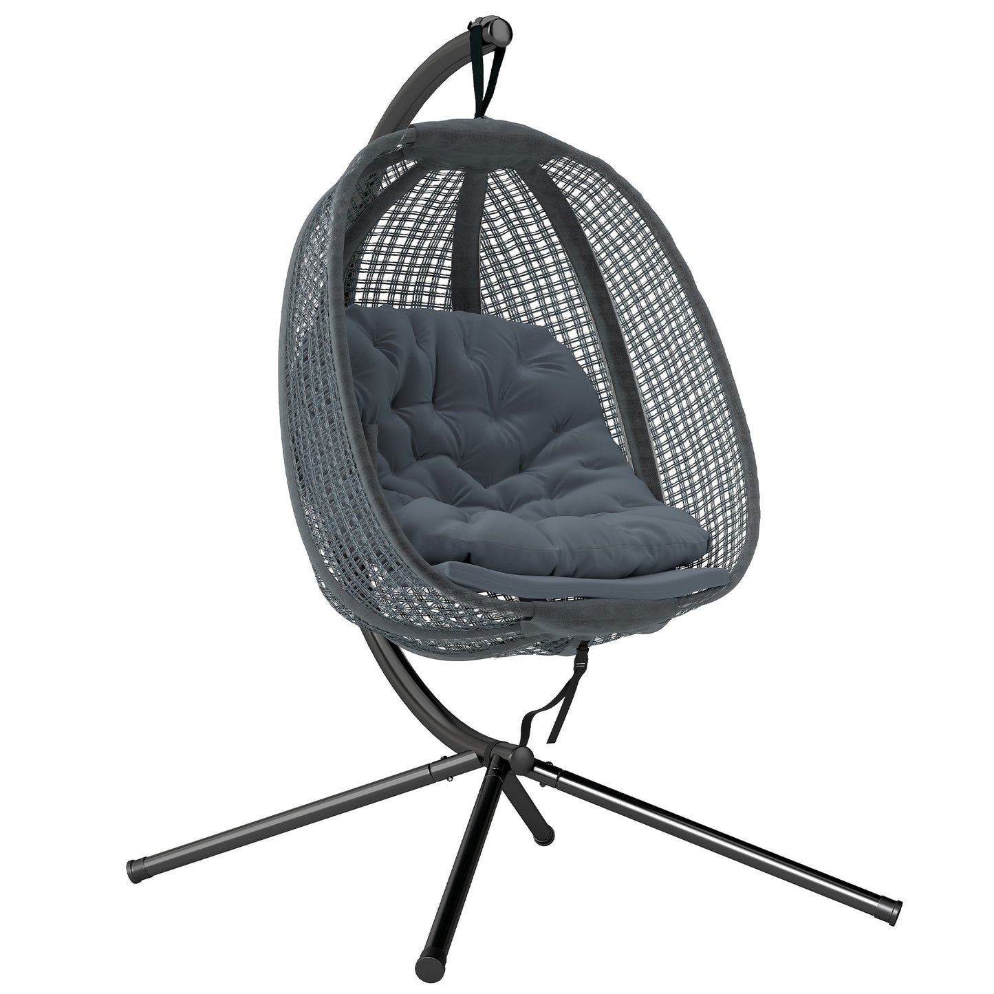 Outdoor Swing Chair with Thick Padded Cushion, Patio Hanging Chair with Metal Stand, Egg Chair with Foldable Basket