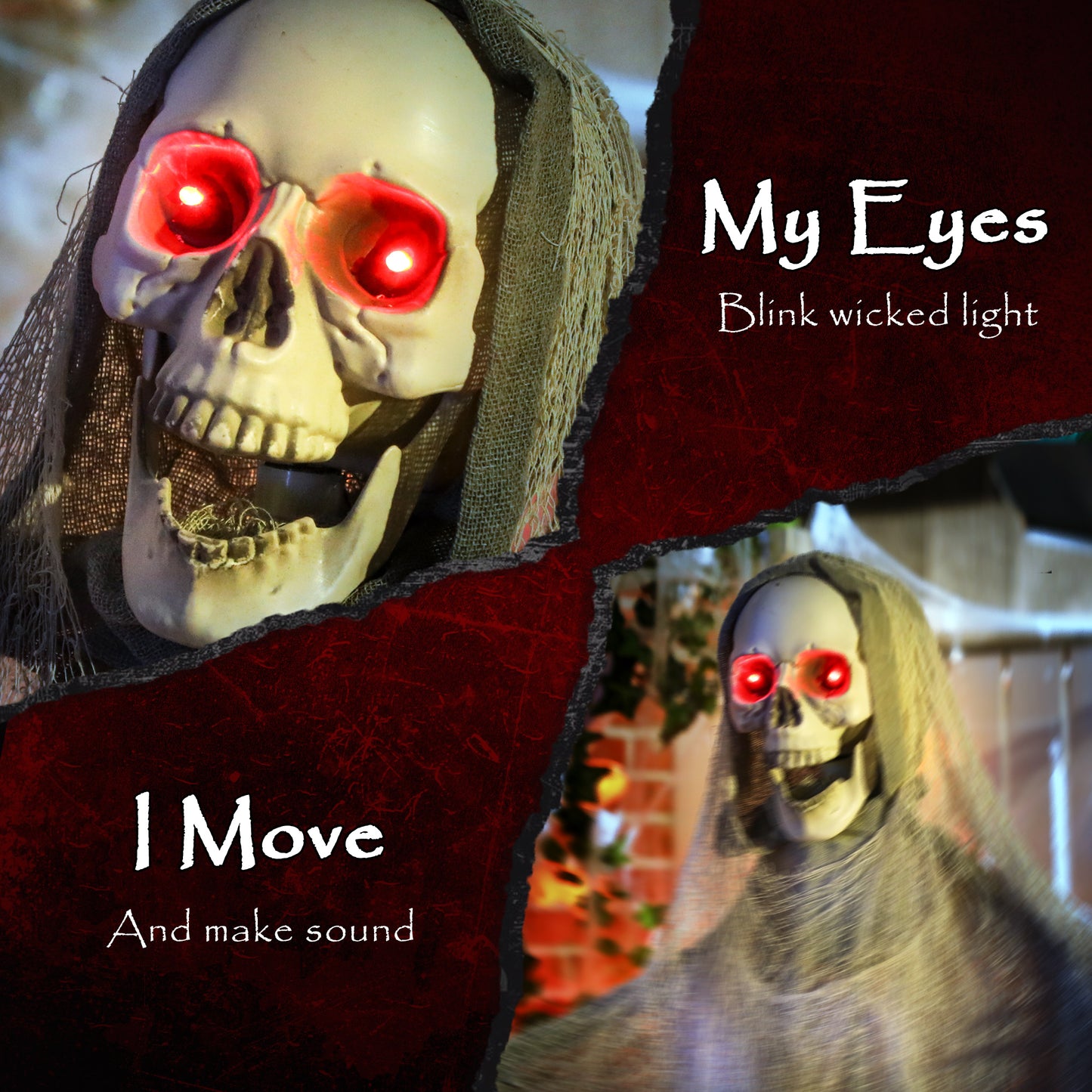 183 cm Life Size Halloween Animated Skeleton Grim Reaper with Glowing LED Eyes, Scary Halloween Decorations