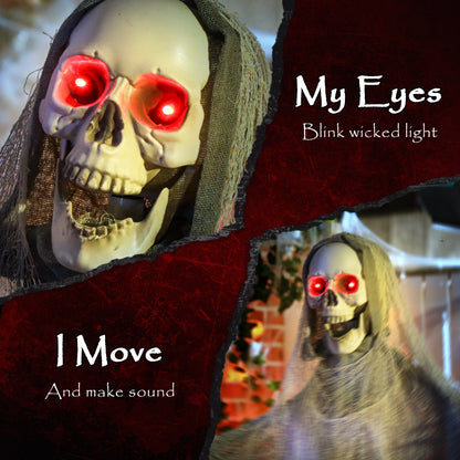 183 cm Life Size Halloween Animated Skeleton Grim Reaper with Glowing LED Eyes, Scary Halloween Decorations