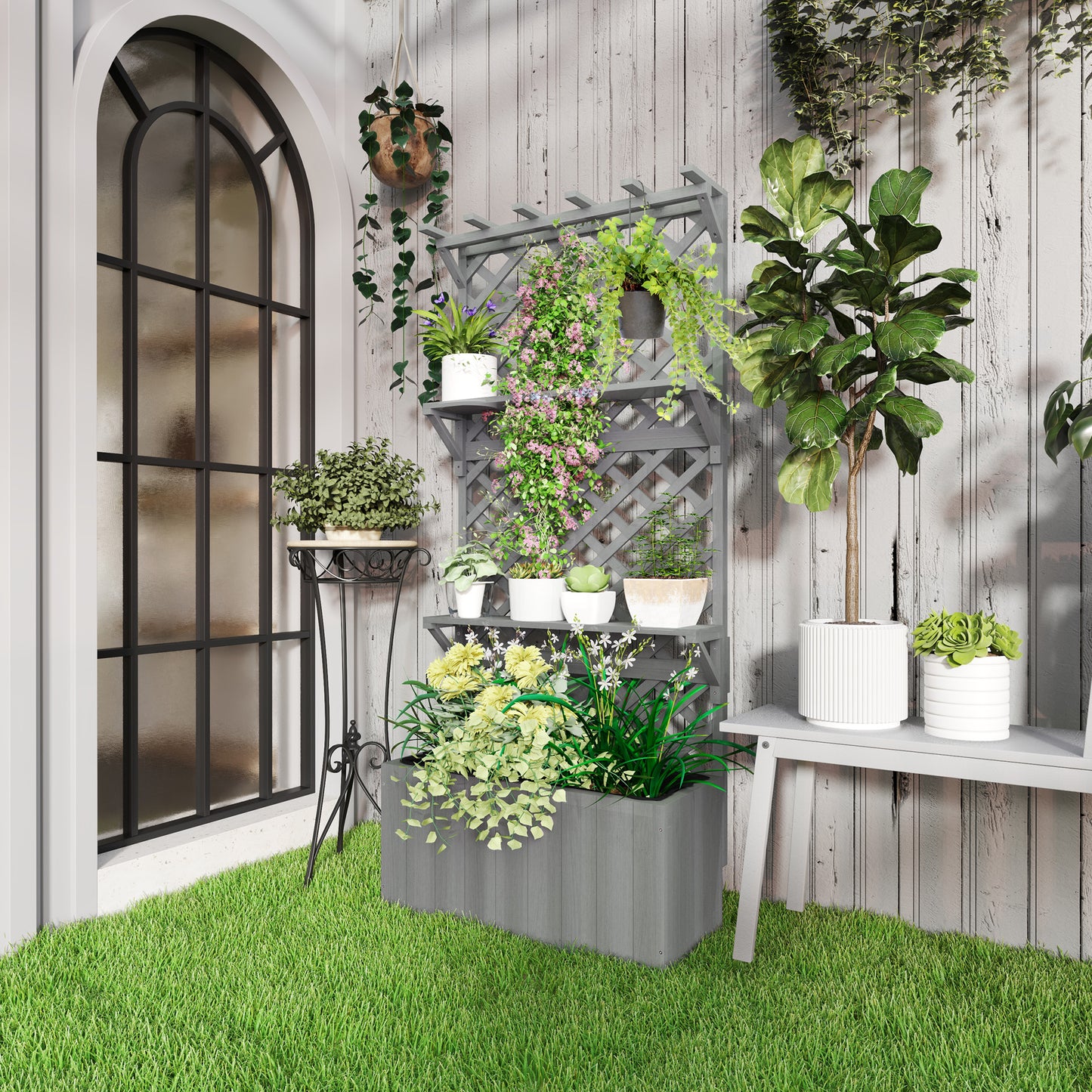 52L Wooden Planter, with Trellis and Shelves - Grey