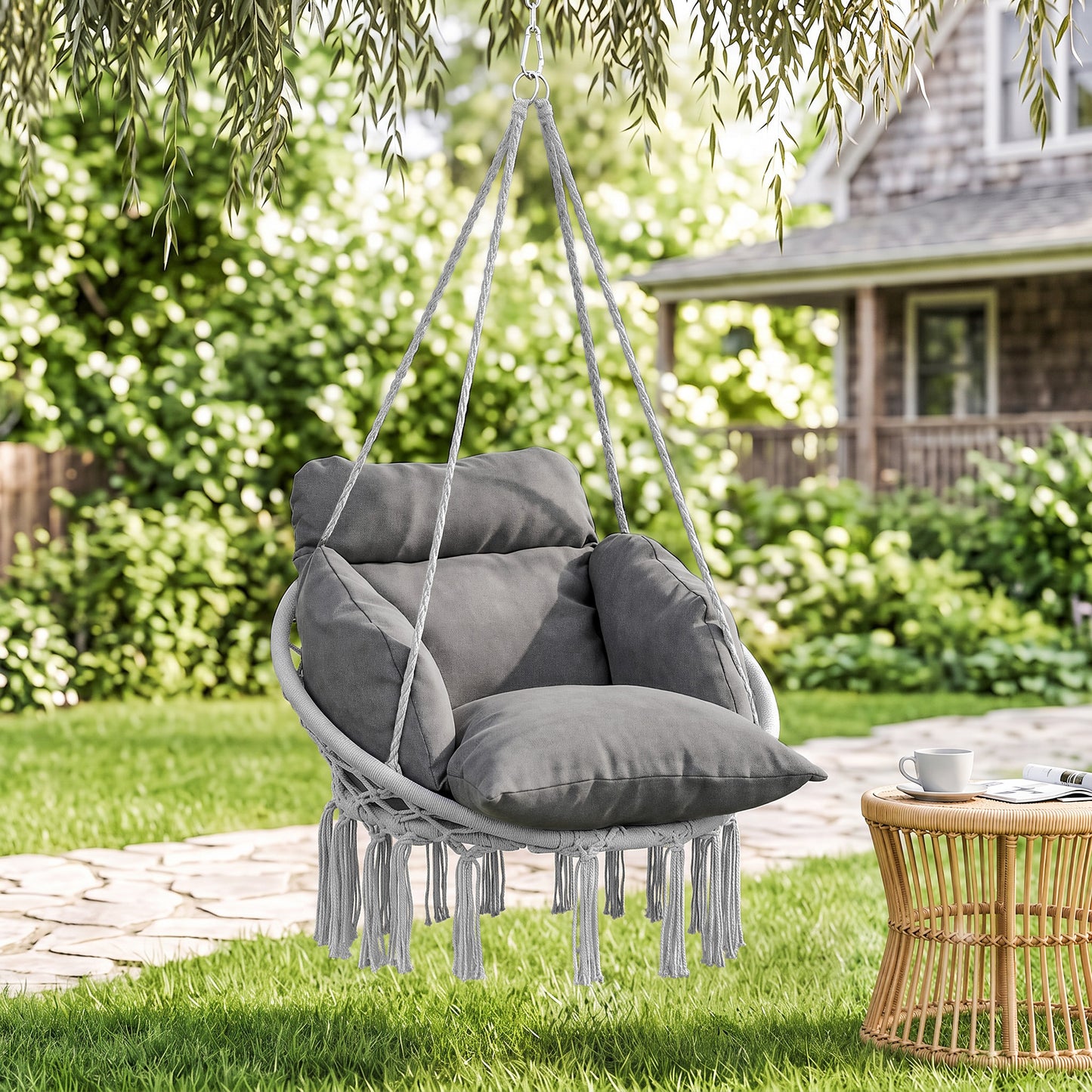 Hanging Chair Outdoor Hammock Chair with Soft Cushion, Cotton Rope Boho Style Swing Chair