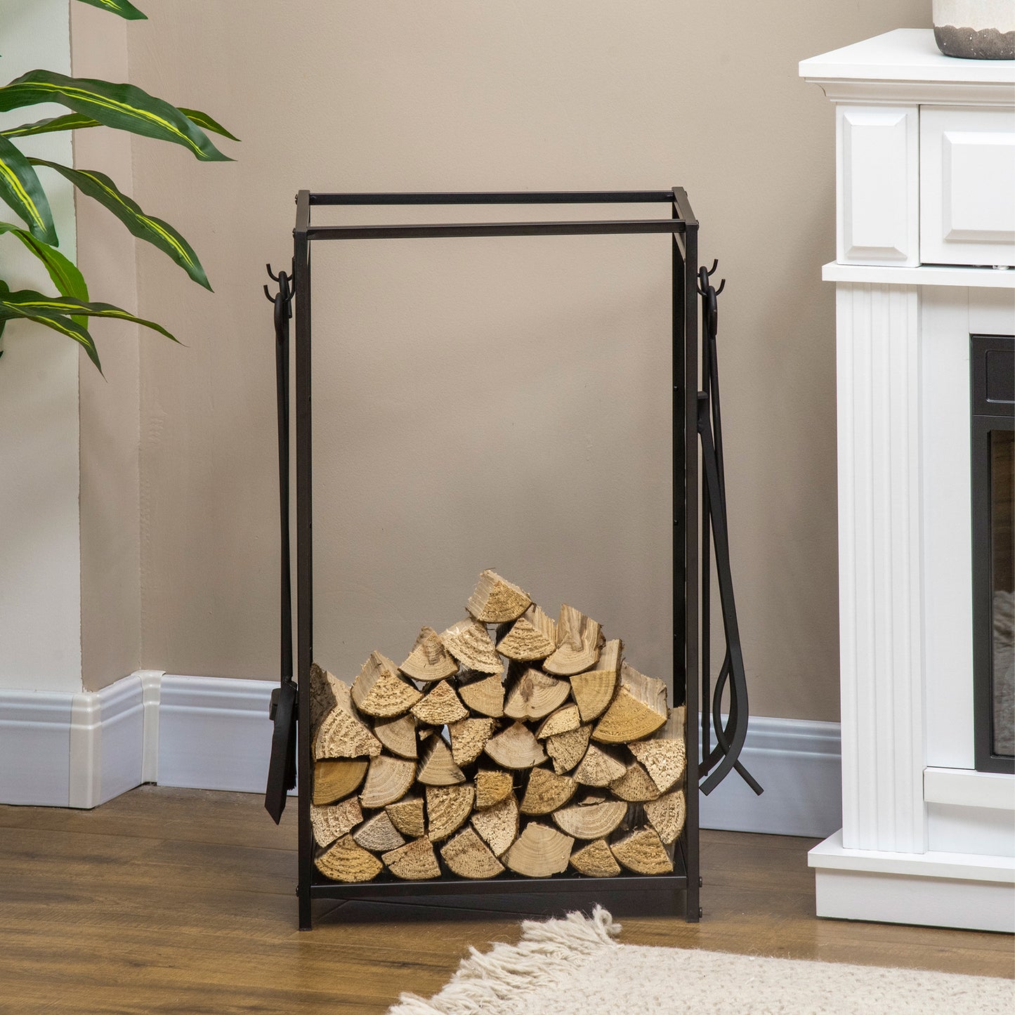 Steel Firewood Log Holder Indoor Outdoor Firewood Rack Fireplace Wood Storage Shelf with 4 Tools, Hooks, Tree Pattern Design