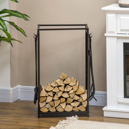 Steel Firewood Log Holder Indoor Outdoor Firewood Rack Fireplace Wood Storage Shelf with 4 Tools, Hooks, Tree Pattern Design