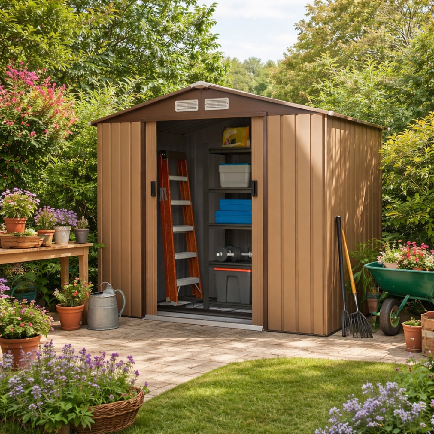 7 x 4ft Lockable Metal Garden Tool Storage Shed, Outdoor Storage Shed with Foundation and vents, Light Brown