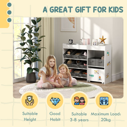Kids Toy Storage Unit with 11 Bins, Cabinet, Top Shelves, 3 Stickers, for Nursery, Playroom, White