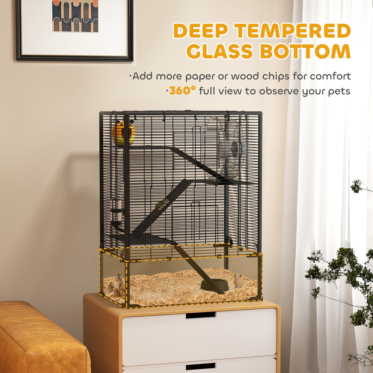 Four-Tier Hamster Cage with Deep Tempered Glass Bottom, Hut, Running Wheel, Food Dish, Water Bottle, 60 x 40 x 80cm