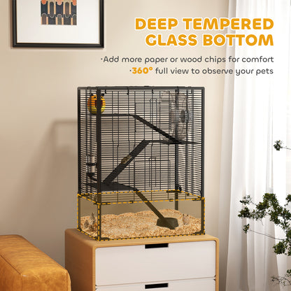 Four-Tier Hamster Cage with Deep Tempered Glass Bottom, Hut, Running Wheel, Food Dish, Water Bottle, 60 x 40 x 80cm