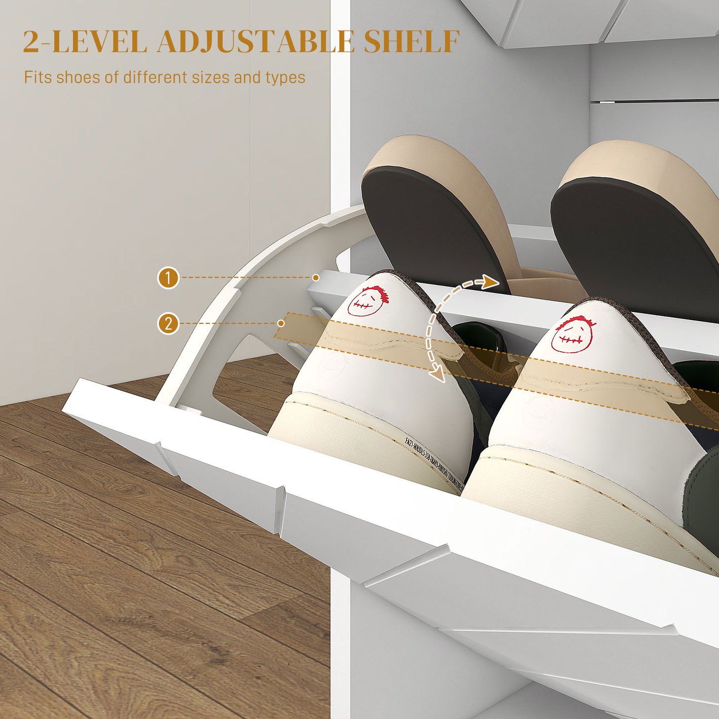 12 Shoe Storage Cabinet with Chevron Indents and Gold Tone Accents - White