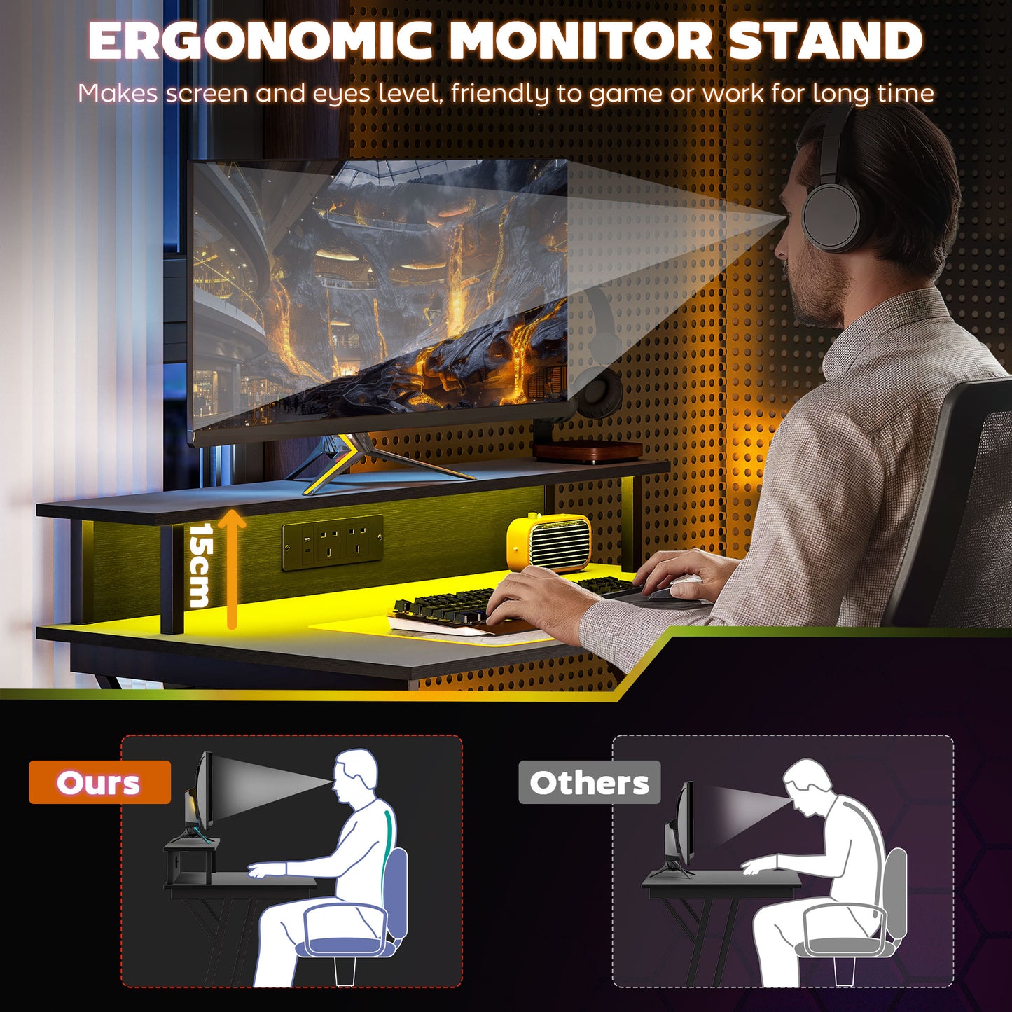 Two-Level LED Gaming Desk - Black