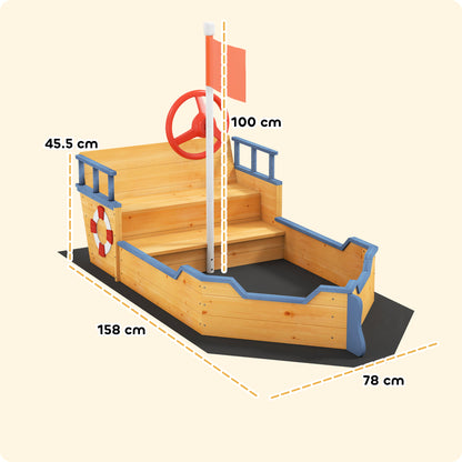 Kids Sand Pit, Children Pirate Ship Sandbox with Bench, Bottom Liner, Seat, Natural Wood Tone