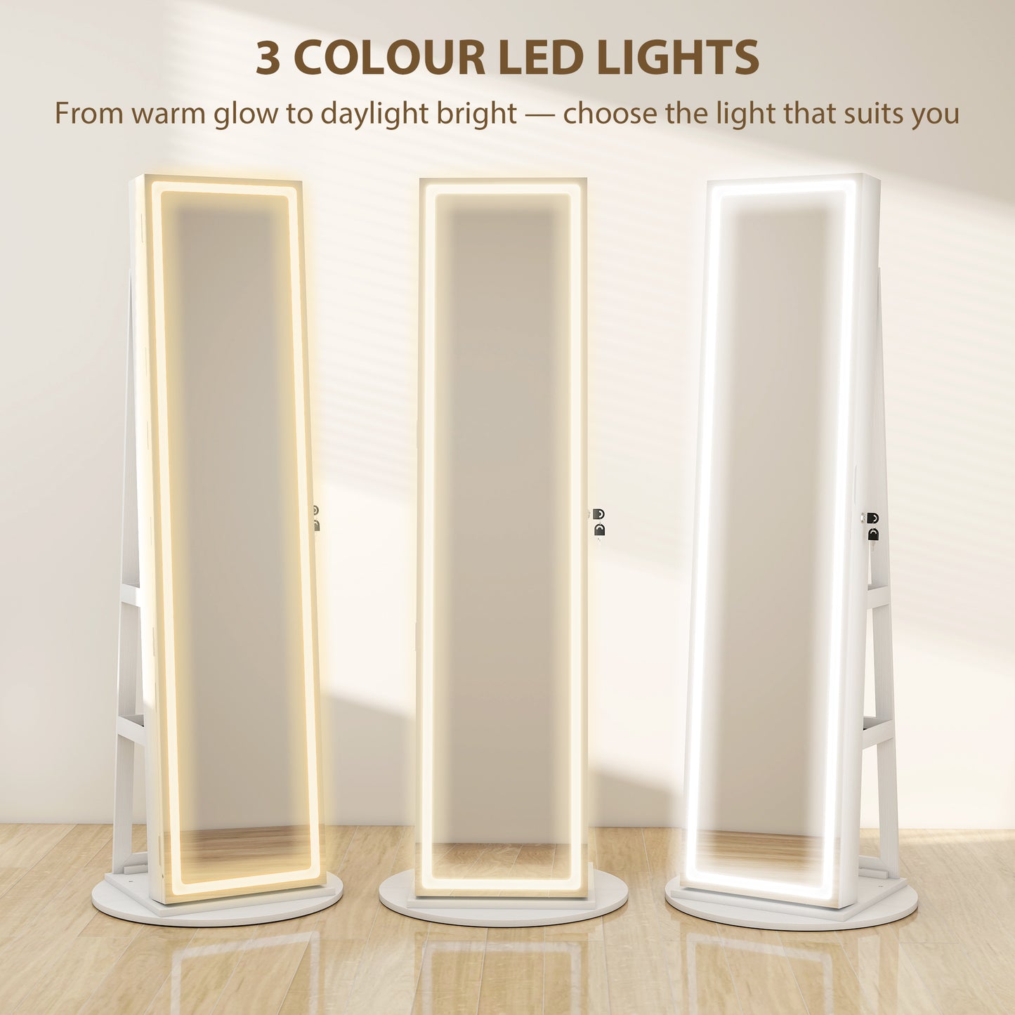 Storage Jewellery Cabinet, with Mirror and Lights - White