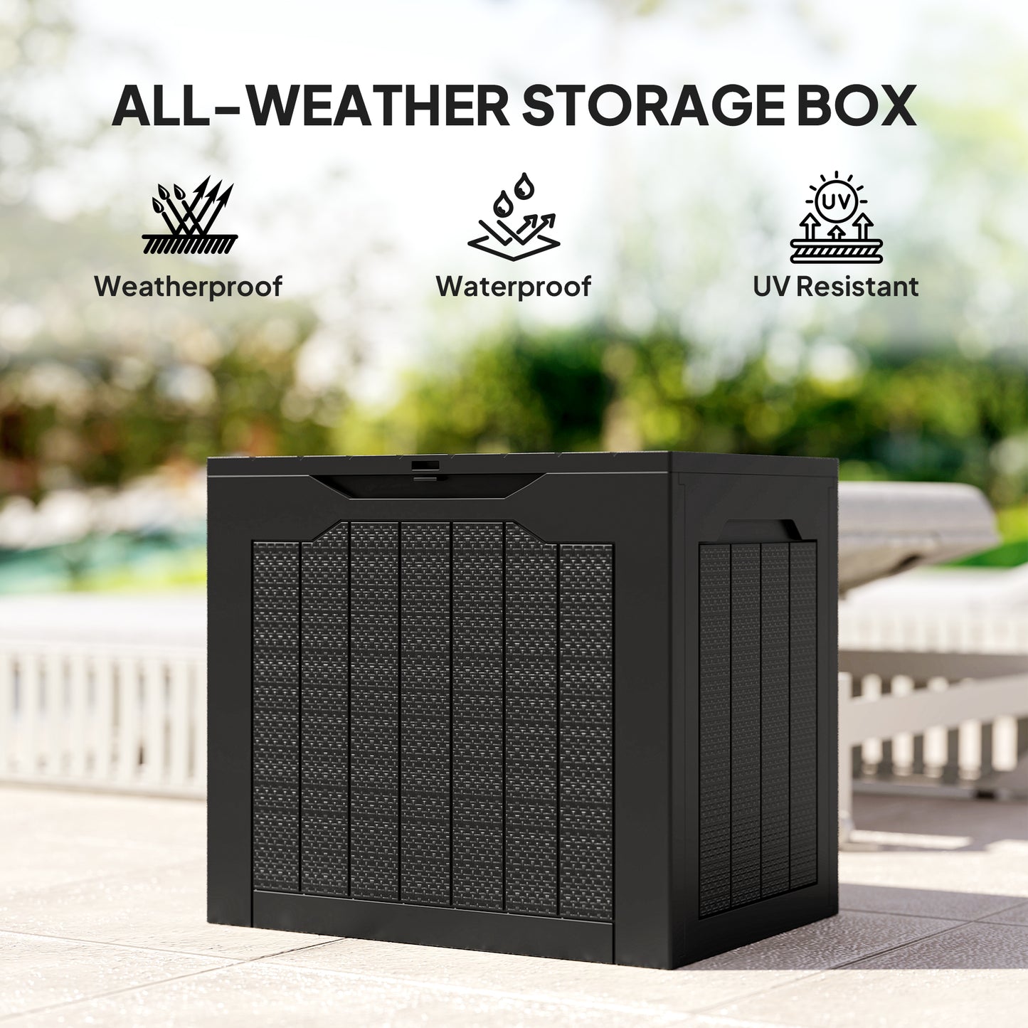 97L Plastic Garden Storage Box, Outdoor Storage Box with Handles, Waterproof Outdoor Storage Container, Black