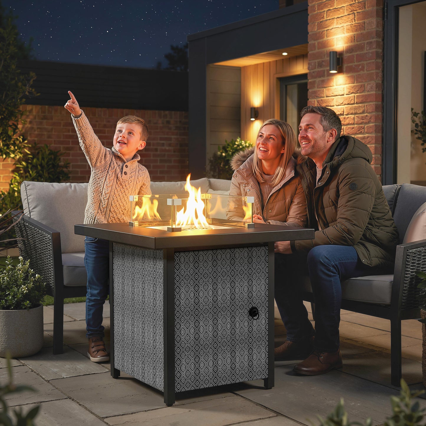 Propane Gas Fire Pit Table for Garden, 11.7 KW Smokeless Firepit Outdoor Heater with Wind Guard, Glass Rocks, Lid, Black