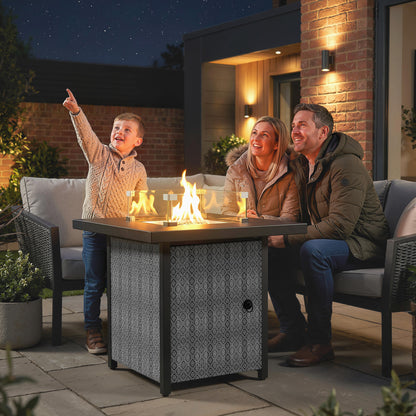 Propane Gas Fire Pit Table for Garden, 11.7 KW Smokeless Firepit Outdoor Heater with Wind Guard, Glass Rocks, Lid, Black