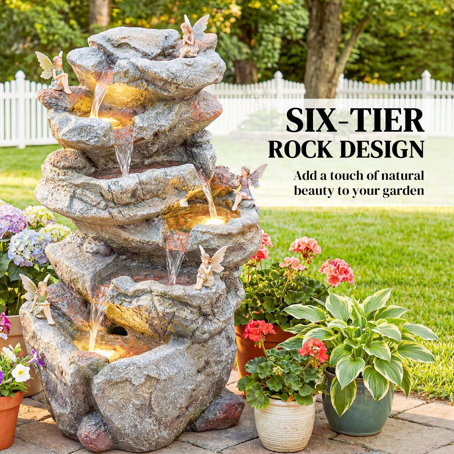 Outdoor Water Fountain with 6-Tier Rock Style, Cascading Waterfall Feature with LED Lights, Adjustable Flow, Grey