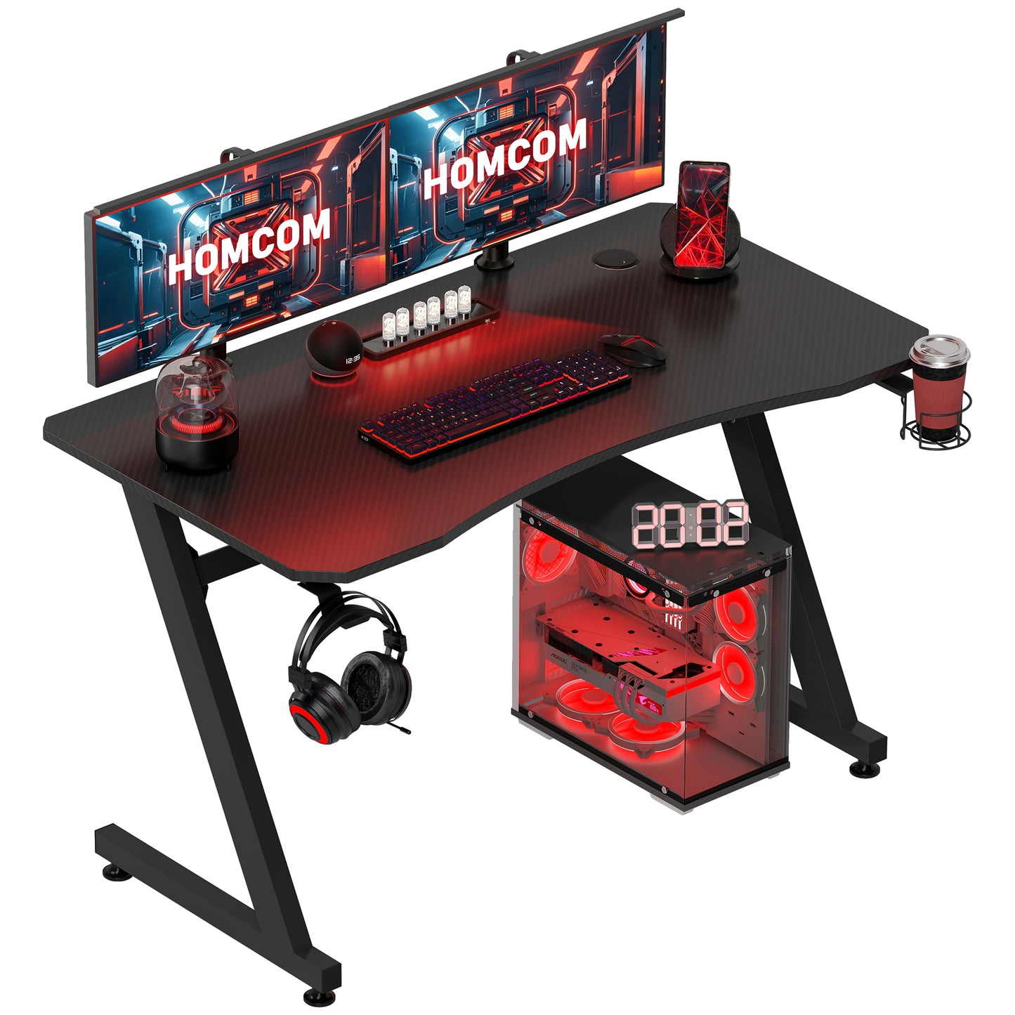 Gaming Desk 120 x 65 cm Steel Frame with Cup Holder, Headphone Hook, Adjustable Feet and Cable Organiser