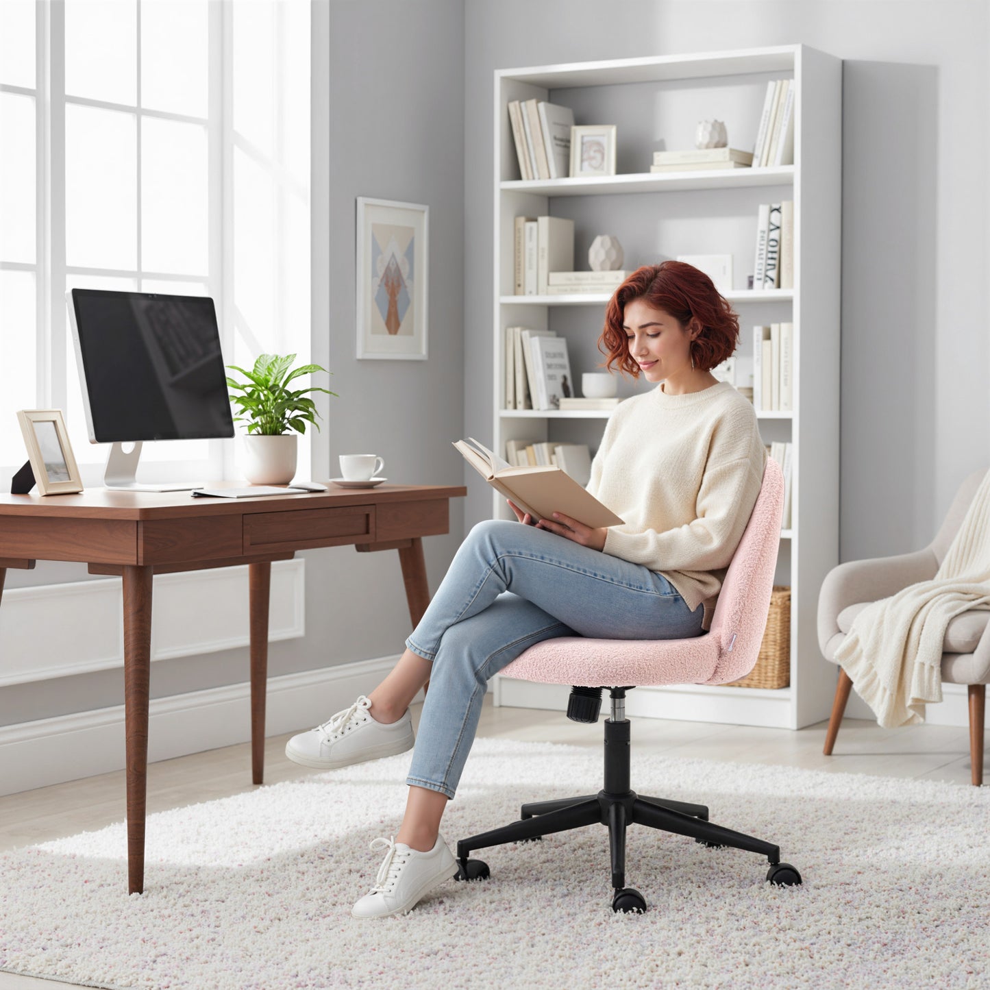 Teddy Fleece Office Chair with Wheels - Light Pink
