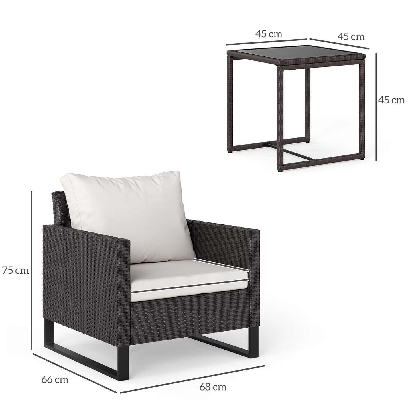 3 Pieces Rattan Bistro Set with 4 Cushions, Wicker Garden Furniture Set, Glass Top Coffee Table and Chairs for Outdoor Patio
