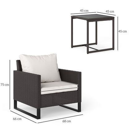 3 Pieces Rattan Bistro Set with 4 Cushions, Wicker Garden Furniture Set, Glass Top Coffee Table and Chairs for Outdoor Patio