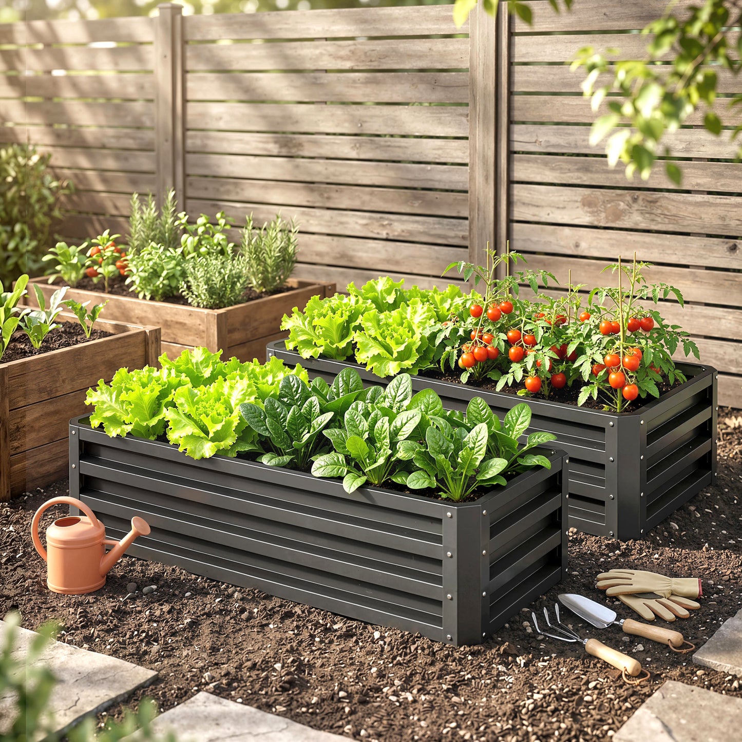 Set of Two 110 x 50cm Steel Planter Boxes - Dark Grey